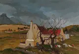 Cape Cottages in a Landscape by Kobus Louw, oil on canvas, sold Mar 2022