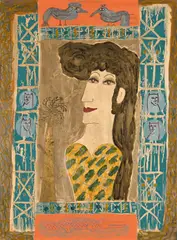 Portrait of a Woman with Palm Tree by Nina Romm, mixed media on board, sold Mar 2022