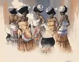 Five Xhosa Women Cooking by Theo Bester, watercolour over pencil on paper, sold Mar 2022