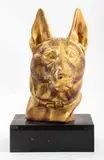 Art Deco gilt patinated metal sculpture depicting a German shepherd dog head by M. Leducq, marble base. Sculpture: 10" H x 5" W x 9.5" D, sold Apr 2023