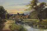 A village river scene with swans at sunset by W. Haines, Oil on canvas, offered Apr 2026
