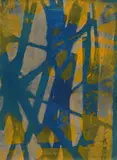 Gelli-plate Monoprint, overlapping shapes in complimentary blue and yellow by Jess Levine, pencil, offered Apr 2026