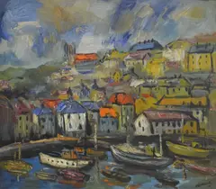 Brixham Devon' a vibrant study of the town and harbour by James Lawrence Isherwood, Oil on board, offered Apr 2026