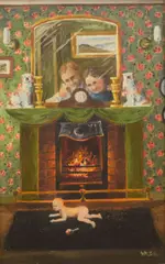 A home interior scene depicting a baby crawling beside by Fred Wilde, Oil on canvas, offered Apr 2026