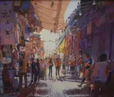A vibrant Eastern market scene in warm tones by Annette Kane, Oil on canvas, offered Apr 2026