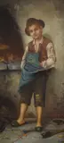 Continental School oil on canvas, a full length study of a young man in work apron smoking by L Vagano, oil on canvas, offered Apr 2026