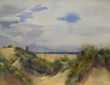 A beach scene with figure in red hat amongst sand by F.M Knowles, Watercolour, offered Apr 2026