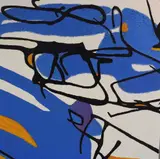 A vibrant abstract line composition in orange and by Jazamin Sincalir, Oil on canvas, offered Mar 2026