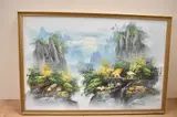 A dwelling nestled on rocks above a waterfall in cool tones by Y Yang, Oil on board, offered Mar 2026