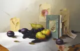 A still life study depicting a sketchbook amongst fruit by Mike Woods, Oil on board, offered Mar 2026