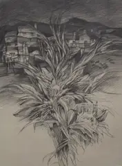 Graphite on paper, a study of a village and foliage, unsigned, within card mount and flat black frame, under glass 57.5cm x 77.5cm & 78.5cm x 98.5cm overall by John Bratby, oil, offered Mar 2026