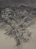 Graphite on paper, a study of a village and foliage, unsigned, within card mount and flat black frame, under glass 57.5cm x 77.5cm & 78.5cm x 98.5cm overall by John Bratby, oil, offered Mar 2026