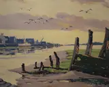 An estuary scene with decaying ship wreck by Walter Taylor, Oil on board, an estuary scene with decaying ship wreck, signed and dated, offered Mar 2026