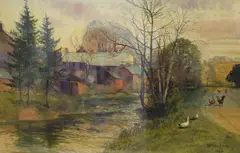 A riverside farm with ducks and by H.B. Simpson, watercolour, offered Mar 2026