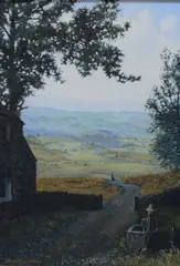 Johnny's Late' depicting a border collie awaiting it's owner's return just outside of a farm yard's boundary by Stephen Darbishire, Oil on board, offered Feb 2026