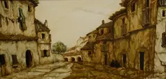 A street scene in sandy tones believed to be by Gustave Vidal, Oil on canvas, offered Feb 2026