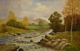 An Autumnal mountainous river scene by David Mead, Oil on canvas, offered Feb 2026
