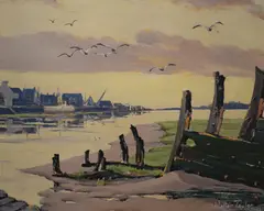 An estuary scene with decaying ship wreck by Walter Taylor, Oil on board, an estuary scene with decaying ship wreck, signed and dated, offered Feb 2026