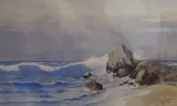 A shoreline landscape with waves breaking onto rocks by Jno W.Vose, Watercolour, a shoreline landscape with waves breaking onto rocks, signed and dated, offered Feb 2026