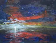 A costal landscape with town by Greg Gilding, Oil on canvas, a costal landscape with town at night, signed and dated, offered Feb 2026
