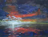 A costal landscape with town by Greg Gilding, Oil on canvas, a costal landscape with town at night, signed and dated, offered Feb 2026