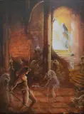 The Approach' a fantasy scene with chained hero and ghostly figures by Margaret Jackson, Watercolour, offered Feb 2026