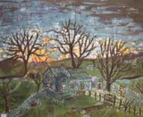 Buttercup Meadow' a study of the sun behind a tree by Lene Bragger, watercolor, offered Feb 2026