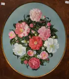 Oval oil on board, a floral still life study of peonies and camellia japonica in shades of pink and white on a light blue background by Desmond Kenny, oil on board, offered Feb 2026