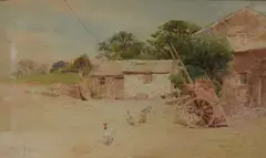 Depicting chickens in a farm by Cuthbert Rigby, Watercolour, depicting chickens in a farm yard, signed and dated, offered Feb 2026