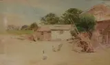 Depicting chickens in a farm by Cuthbert Rigby, Watercolour, depicting chickens in a farm yard, signed and dated, offered Feb 2026