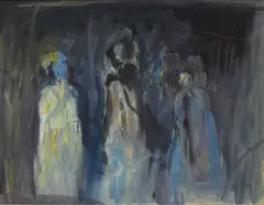 An abstract study of figures in by John Cooke, oil on board, offered Jan 2026