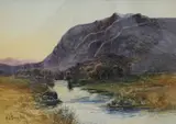A mountainous river scene by H.B. Simpson, watercolour, offered Jan 2026