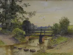 A countryside river landscape with by H.B. Simpson, watercolour, offered Jan 2026