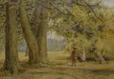 Children playing under large trees by Archibald Jones, 1912, watercolour, offered Jan 2026
