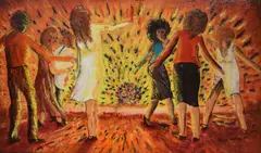 A vibrant other worldly depiction of figures by Robert Walling, Acrylic on board, offered Dec 2025