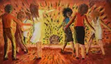 A vibrant other worldly depiction of figures by Robert Walling, Acrylic on board, offered Dec 2025