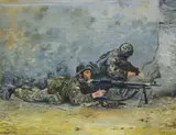Parachute Regiment in Action in the Falklands by R.L Clapp, Oil on board, 'Parachute Regiment in Action in the Falklands' signed and dated, offered Dec 2025
