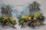 A dwelling nestled on rocks above a waterfall in cool tones by Y Yang, Oil on board, offered Dec 2025