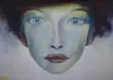 The Girl with no Neck' a portrait of a woman in cool tones by James Palmer, Acrylic on board, offered Dec 2025