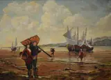 Costal scene depicting fishermen with nets by C Aldren, oil on canvas, offered Dec 2025