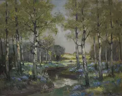 Woodland river scene with silver birch and by Arthur Spooner, oil on board, offered Dec 2025