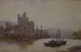 English School Watercolour, river scene with castle and fishing boats by Stuart Lloyd, Watercolour, river scene with castle and fishing boats, signed and dated, offered Dec 2025