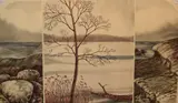 Triptych lake scene in cool tones by Chris White, Watercolour and ink, triptych lake scene in cool tones, signed and dated, offered Dec 2025