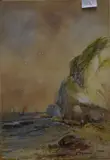 Depicting a rocky coastline with beach combers by F Ramus, watercolor, offered Dec 2025