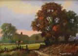 A view of a farm house at dusk in Autumn by Vincent Selby, Oil on board, offered Dec 2025
