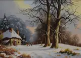 A woodland cottage in winter with figures by Vincent Selby, Oil on board, offered Dec 2025