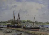 Depicting boats moored in an estuary notably what appears by Leb Hudson, Watercolour, offered Dec 2025