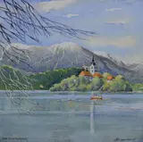 Lake Bled Slovenia by Alex Johnson, watercolour, offered Dec 2025