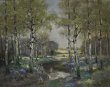 Woodland river scene with silver birch and by Arthur Spooner, oil on board, offered Nov 2025