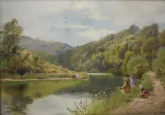 Pleasing rivers scene with family fishing by Henry Hadfield Cubley, 1896, oil on board, offered Nov 2025